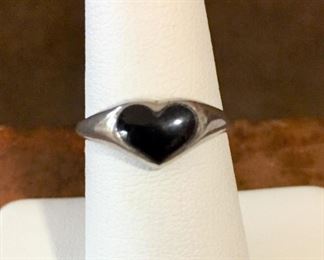Kabana sterling and onyx ring size 6. Size of heart is 5/16" w x 1/4" h. Signed KABANA, stamped STERLING. $48