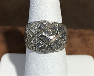 Beverly Hills Silver ring size 6 1/2.  Diamond-cut sterling.  Face of ring is 3/4" wide by 1/2" high. Signed BEVERLY HILLS SILVER with copyright symbol, stamped 925. $60