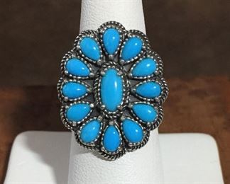 Carolyn Pollack southwestern sterling silver ring size 6 1/4. Face of ring is 7/8" wide by 1 1/16" high. Signed AW (for American West collection) and quarter moon/R mark (for Carolyn Pollack Relios), stamped 925. $110