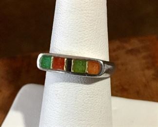 Ring size 6 1/4. Face of ring is 5/8" wide by 3/16" high. Signed with quarter moon/R mark (for Carolyn Pollack Relios), stamped 925. $65