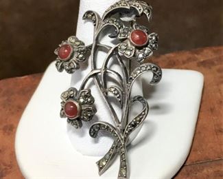 Vintage carnelian, marcasite and silver brooch, size 1 1/8" wide by 1 7/8" high.  Stamped S & CO. and SILVER. Rolling c-clasp works perfectly. $80