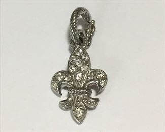 Judith Ripka fleur de lis sterling silver clear crystal charm/enhancer with safety catch, size 7/16" wide by 15/16" (including bale). Signed JUDITH RIPKA, stamped 925 THAILAND CZ. $70