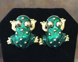 Kenneth Jay Lane KJL enamel frog pierced earrings. Size 1" wide by 1" high. Signed KJL on back. $80