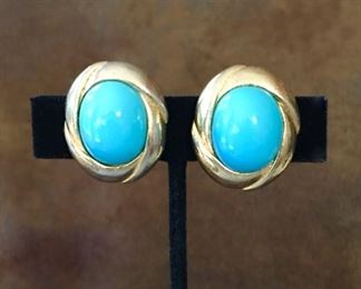 CINER gold-tone metal clip earrings with turquoise-colored cabochons. Size 7/8" wide by 1 1/16" high. Signed CINER on back of clips. $60