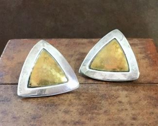 Vintage retired Jeep Collins JEC hammered Sterling  silver and Brass triangle clip earrings. Size 1 1/8" wide by 1 1/8" high. Signed with the Jeep Collins symbol, stamped STER, BRASS. $70