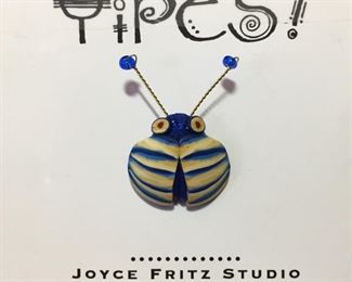 YIPES polymer clay bug pin. Size 7/8" wide by 1 1/4" high (including antennae). $60