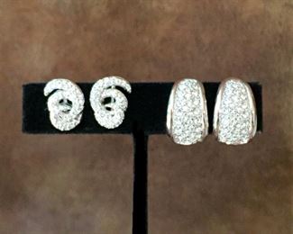 2 PRS. SWAROVSKI CLIP EARRINGS. LEFT: Swirly crescent moon design, clear crystals.  Size 3/8" wide by 1/2" high. Signed SWAROVSKI on clip backs. $48    RIGHT: Clear pave crystals. Size 3/8" wide by 5/8" high. Signed SWAROVSKI on clip backs, stamped with swan mark. $68