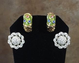 TOP CENTER: Swarovski enamel pierced hoop earrings. Pink and blue crystals in middle, clear crystals on top. Swan logo mark. Size 5/16" wide by 3/4" high. $48  SIDES: Swarovski clip earrings with clear crystals. Size 3/4" diameter. Marked SWAROVSKI on clip backs & swan mark. $48