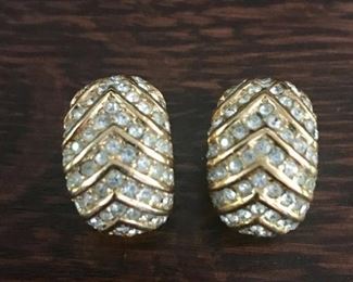 Christian Dior signed vintage clip earrings in goldtone and clear crystals.  5/8" wide by 7/8" tall.  $88