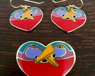 Laurel Burch signed "Bird Heart"  pin and matching earrings.  Pin is 1" tall by 1 3/8" wide, and earrings are 1" wide by 3/4" tall, not including wires.  $68