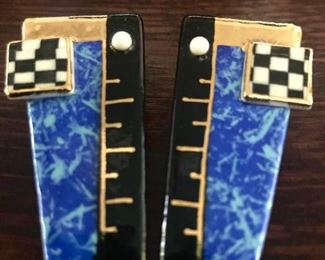 Cynthia Chuang Jewelry 10 large enameled porcelain retro earrings.  2" tall by 1" wide.  $56