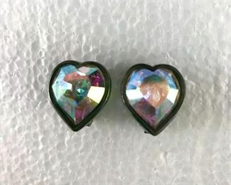 Yves Saint Laurent aurora borealis crystal heart post earrings.  Signed YSL.  5/8" wide by 3/4" tall. $98