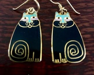 Laurel Burch signed "Olivia" enameled cat earrings measuring 1 1/4" tall by 3/4" wide.  $44