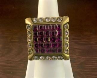 Heidi Daus purple and clear crystal 1" square ring in goldtone.  Size 7.  $48