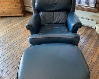 Blue leather chair and ottoman