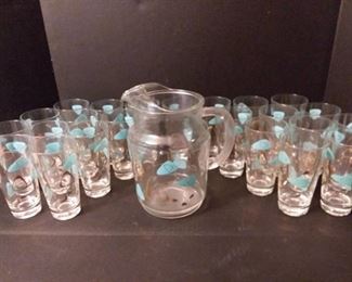 Mid Century Teal and Gold Retro Atomic Boomerang Pitcher with 24 Drinking Glasses