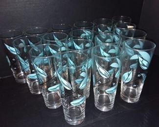 Mid Century Turquoise and Black Retro Leaf Glasses Lot of 18 PC