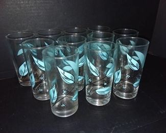 Mid Century Turquoise and Black Retro Leaf Water Glasses Lot of 11 PC