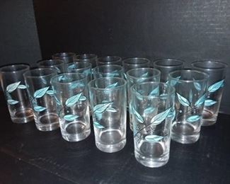 Mid Century Turquoise and Black Retro Leaf Juice Glasses Lot of 16 PC