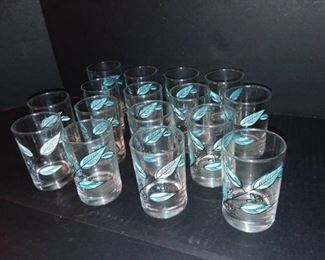 Mid Century Turquoise and Black Retro Leaf Short Juice Glasses Lot of 16 PC