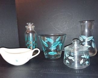 Mid Century Turquoise Gold and Black Retro Patterns Assorted Serving Glassware Lot of 5 PC
