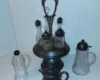 Silverplate and Glass Service Set with Carousel Stand Lot of 9 PC
