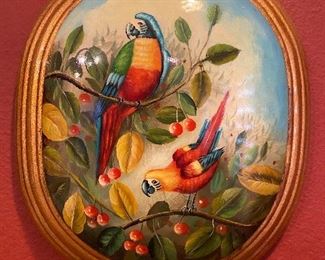 Large enameled porcelain hand painted parrots, framed wall hanging