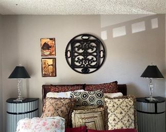 Bernhardt headboard, footboard and side rails, decorative pillows, 2 modern night stands/end tables, lamps and wall art