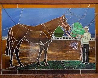 Stained glass racing horse and jockey