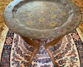 Mid Century brass tray/table with wood spider leg base