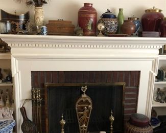 Tole Box & Can, Carved Asian Vase, Ginger Jars, Brass Fireplace Fan, Fireplace Tools