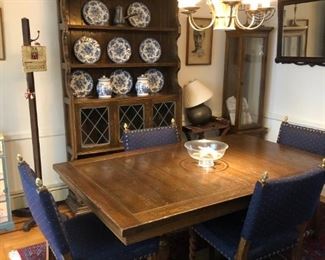Dining Table w/ 6 Chairs, Blue & White Dishes, Cabinet w/ Leaded Glass Doors (1 of 2)