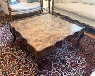 Lot #803 - $240 - Gorgeous Antique / Vintage Cocktail Table, Burl Wood Top (40" L x 40" W x 17" H)