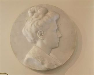 Lot #806 - $300 - Antique Alabaster Relief Plaque, A. Mony, 1904 (17" Dia) 
