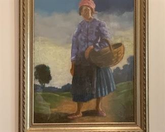 Lot #808 - $900 - Framed Original Artwork / Pastel, Lady with Basket, Signed Hoy (28" L x 33" H) 