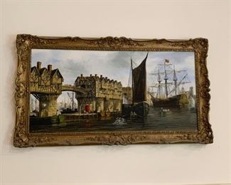 Lot #811 - $120 - Framed Artwork / Painting, Ships & Bridge, Signed M. Gearing (41" L x 23" H)  
