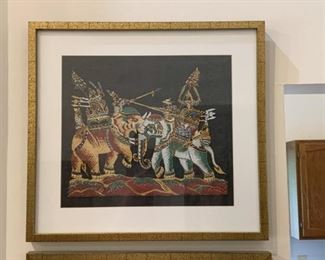 Lot #812 - $65 - Framed Artwork / Wall Hanging (Warriors on Elephants), Unsigned (15.25" L x 14" H) 