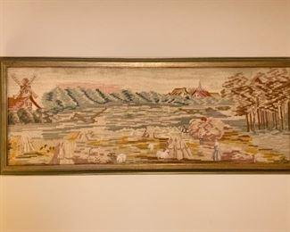 Lot #815 - $210 - Antique 19th Century Dutch Needlepoint, Village Lake Scene, Framed (47" L x 18" H)