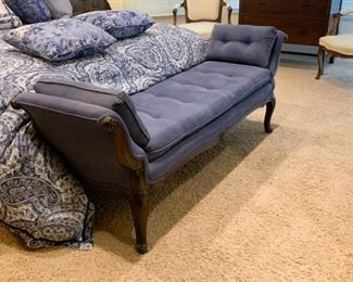 Lot #821 - $300 - Antique Blue Upholstered Bench with Tufted Cushions (64" L 19" W x 25" H)  