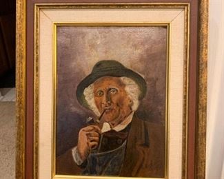Lot #824 - $250 - Framed Artwork / Oil Painting, Man with Pipe, Signed (12.5" L x 15.5" H)