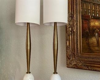 pair of 3’1” tall marble & brushed brass lamps