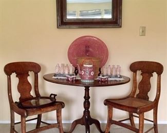 Tilt Top Tea Table with Signed Deco Art Glass and Carved Stone Asian Figures 