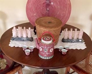  Tilt Top Tea Table with Signed Deco Art Glass and Carved Stone Asian Figures 
