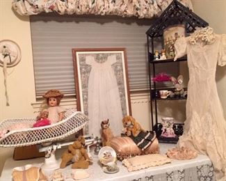 Antique Wedding Gown, Incredibly Cute Baby Scale with Wicker Tray mint condition