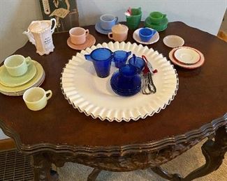 Vintage Hand carved Mahogany Occasional Table. Vintage Art Deco Blue Cobalt Dolly Dishes, Vintage Dolly Play dishes 