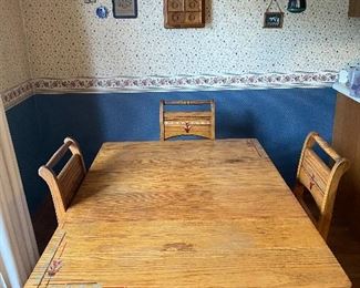 Antique Pine Hand Stenciled Farm Table with 4 Hand Stenciled  Side Chairs. From Sweden 