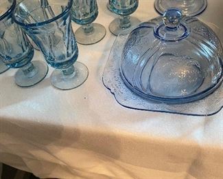 Vintage Blue Footed Ice Tea Glasses, Vintage Hazel Atlas Butter Dome Under Plate