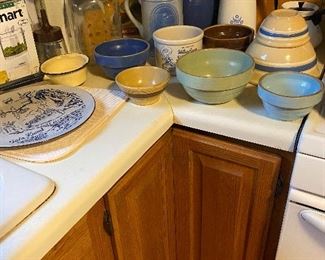 Antique Bowls, Corning Ware Blue Cornflower Tea pot, Coffee Percolator 