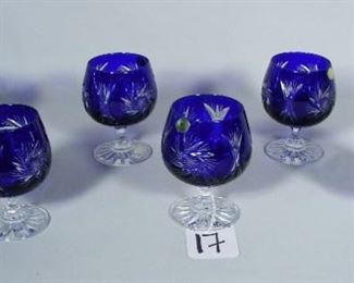 Six cobalt blue overlay crystal brandy snifters