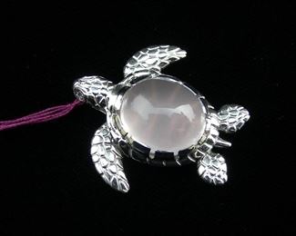 14K white gold & rose quartz turtle pendant